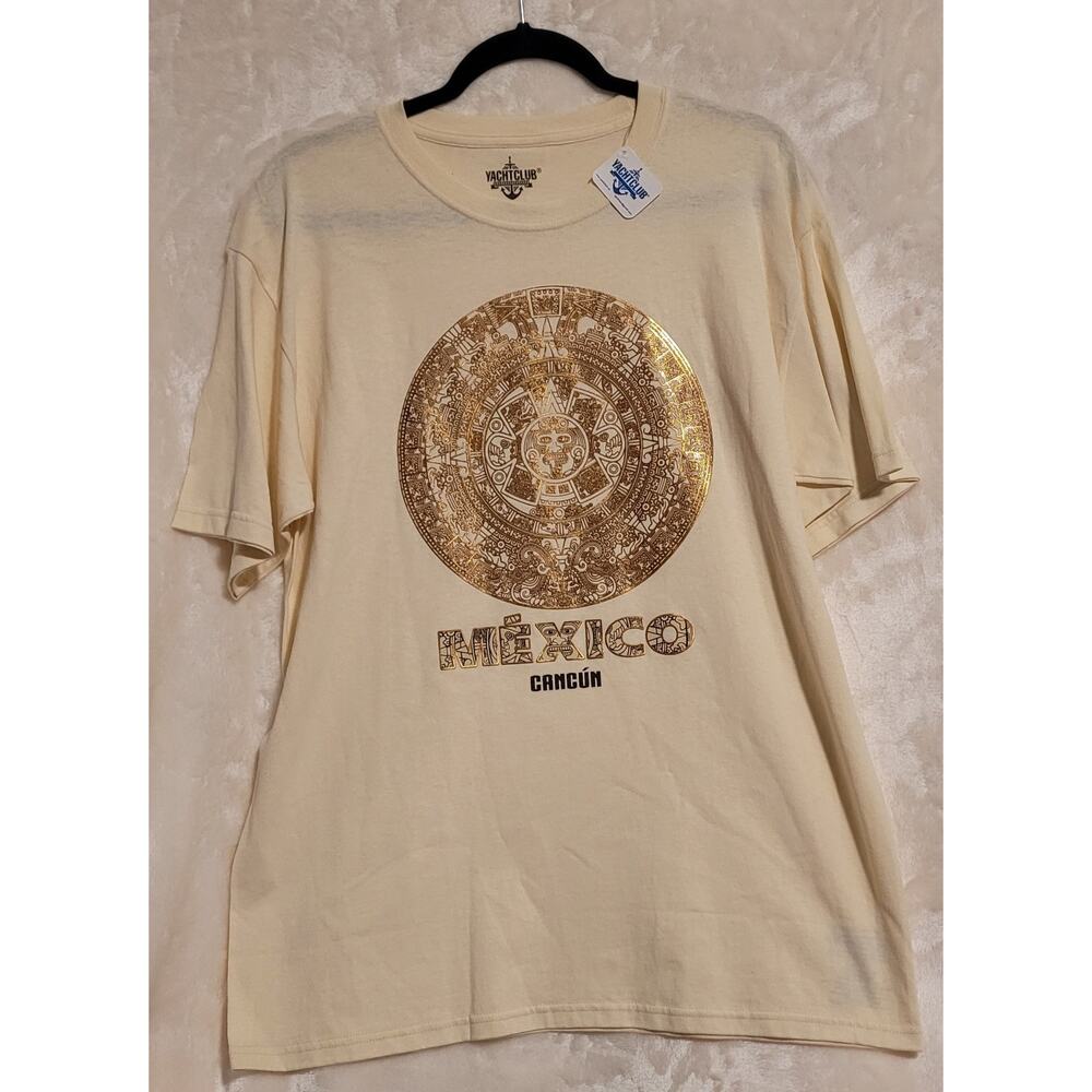 Yacht Club Mexico Cancun Souvenir Graphic T-Shirt With Aztec Calender Size L